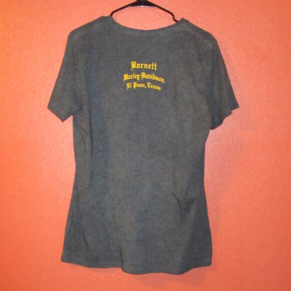 Harley Davidson Woman Large Gray Yellow Orange Graphic Skull Short Sleeve Shirt - Picture 7 of 9